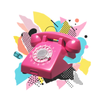 Digital Illustration of a Retro Pink Rotary Dial Phone Surrounded by Abstract Pop Art Shapes, Surreal Pop Art Collage png