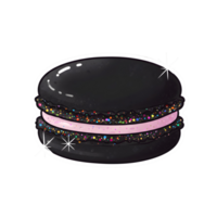 Shiny and Glossy Black Macaron with Multicolored Sprinkles and a Light Pink Cream Filling on Transparent Background png