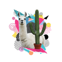 Digital Illustration of a Llama and a Cactus in a Playful Abstract Collage with Bright Geometric Shapes, Surreal Pop Art Collage png