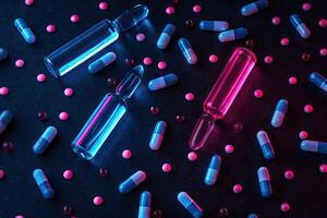 Colorful capsules and vials arranged on black surface with neon lights at a laboratory setting photo