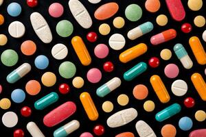 Colorful assortment of various pills and tablets arranged on dark background for health application photo