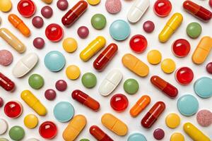 Colorful array of various medications and dietary supplements displayed on a surface photo