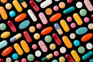 Various pills and supplements arranged in colorful patterns on black background photo