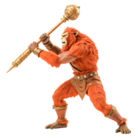 Powerful Orange Furry Warrior Striking with Golden Mace, Fantasy Illustration png
