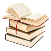 Stack of Old Books with Open Book on Top, Isolated on White Background png