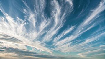 Wispy white cirrus clouds sweep across a bright turquoise sky, creating a dreamy skyscape. photo