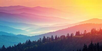 Colorful mountain ranges layered on the horizon offer a scenic, peaceful landscape view. photo