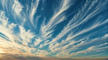 A stunning display of cirrus clouds sweeps across the deep blue sky on a bright day. photo