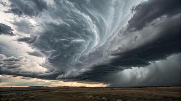 A dramatic supercell thunderstorm rolls over a rural field, filled with dark, ominous clouds and heavy rain. photo