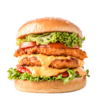 Delicious Double Cheeseburger with Crispy Chicken Patties, Lettuce, and Tomato png