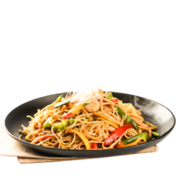 Delicious Steaming Noodles with Mixed Vegetables on Black Plate png