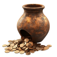 Ancient Clay Pot with Gold Coins Transparent Background png