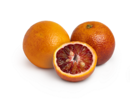 Three blood red oranges with shadow isolated. Full depth of field. png