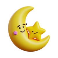 A cute cartoon yellow moon with a smiling face and a star png