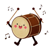 A cute drum with music notes and a smile png