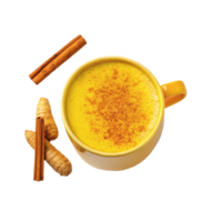 Vibrant turmeric latte in a yellow cup, garnished with cinnamon powder, surrounded by cinnamon sticks and turmeric roots png
