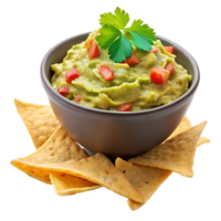 Appetizing Guacamole with Chips, A vibrant and appetizing image of creamy guacamole, adorned with diced tomatoes and a sprig of fresh parsley png