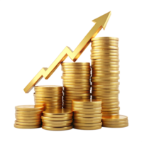 Financial Growth, Stacks of golden coins ascending with a rising arrow, symbolizes financial growth, investment, and economic Data png