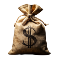 Money Bag with Dollar Sign, A rustic burlap bag, knotted at the top, prominently displaying the iconic dollar sign, evoking themes of wealth, investment, and financial security. png