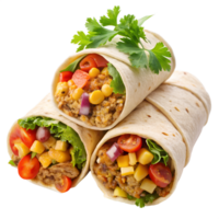 Delicious Wraps, A tantalizing array of wraps filled with vibrant vegetables, succulent fillings, and fresh ingredients, artfully arranged for a mouthwatering culinary experience. png