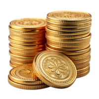 Detailed stacks of shimmering golden coins, reflecting wealth and financial prosperity, represent investment and value. png