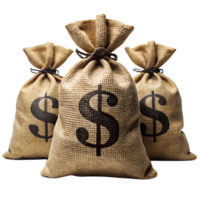 Bags of Money, Close up shot of three burlap sacks, each emblazoned with a prominent dollar sign, suggesting wealth and financial Data png