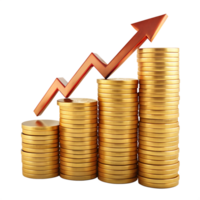Financial Growth, Stacks of golden coins ascending with a rising arrow, symbolizes financial growth, investment, and economic progress. png