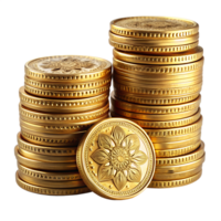 High-angle shot of gleaming gold coins piled in stacks, their intricate designs reflecting wealth and value, symbolizing financial success and prosperity. png