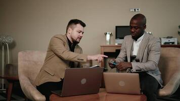 CEO and Chief Executive Talking About Company Business Growth, Consult Data Analysis and Use Laptop Computer. Two Professionals Discussing Revenue Increase, Market Disruption, Planning Strategy video