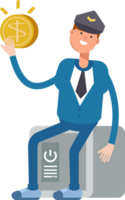 Postman Character Sitting on Safe and Holding Dollar Coin png