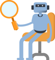 inteligente humanóide personagem sentado e segurando lupa png