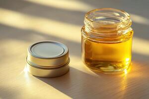 A jar of honey is sitting on a table next to a jar with a lid on top photo