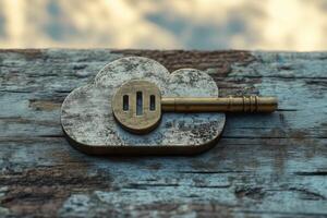 A gold key with a cloud on it sits on a wooden surface photo