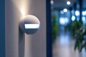 A light fixture with a blue light is mounted on a wall photo