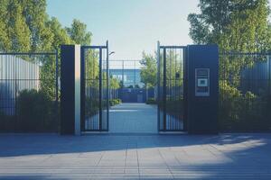 A gate with a metal door and a metal box on the right photo