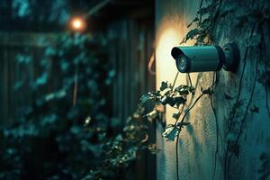 A security camera is mounted on a wall in a dark, overgrown area photo