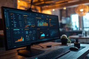 A computer monitor displays a number of graphs and charts photo