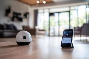 A smart home device sits on a table next to a smartphone photo
