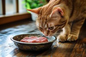 A cat is eating meat from a bowl photo