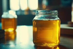 A jar of honey sits on a table with a book nearby photo