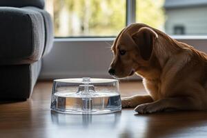 A dog is laying on the floor next to a water bowl photo