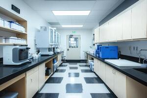 A large, clean, and well-lit laboratory with a counter and a sink photo