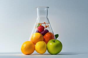 A glass vase filled with fruit including apples, oranges, and lemons photo
