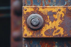 A rusty bolt is shown in a close up of a rusted metal surface photo