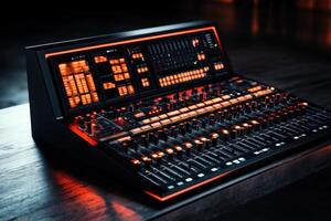A black and orange electronic instrument with many knobs and buttons photo
