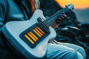 A person is playing a guitar with a unique design on the body photo
