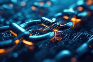 A chain of links is shown in a blue and orange color scheme photo