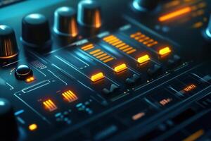 A close up of a sound board with a lot of knobs and buttons photo