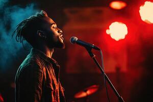 A man singing into a microphone in front of a red background photo
