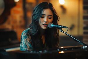 A woman singing into a microphone photo